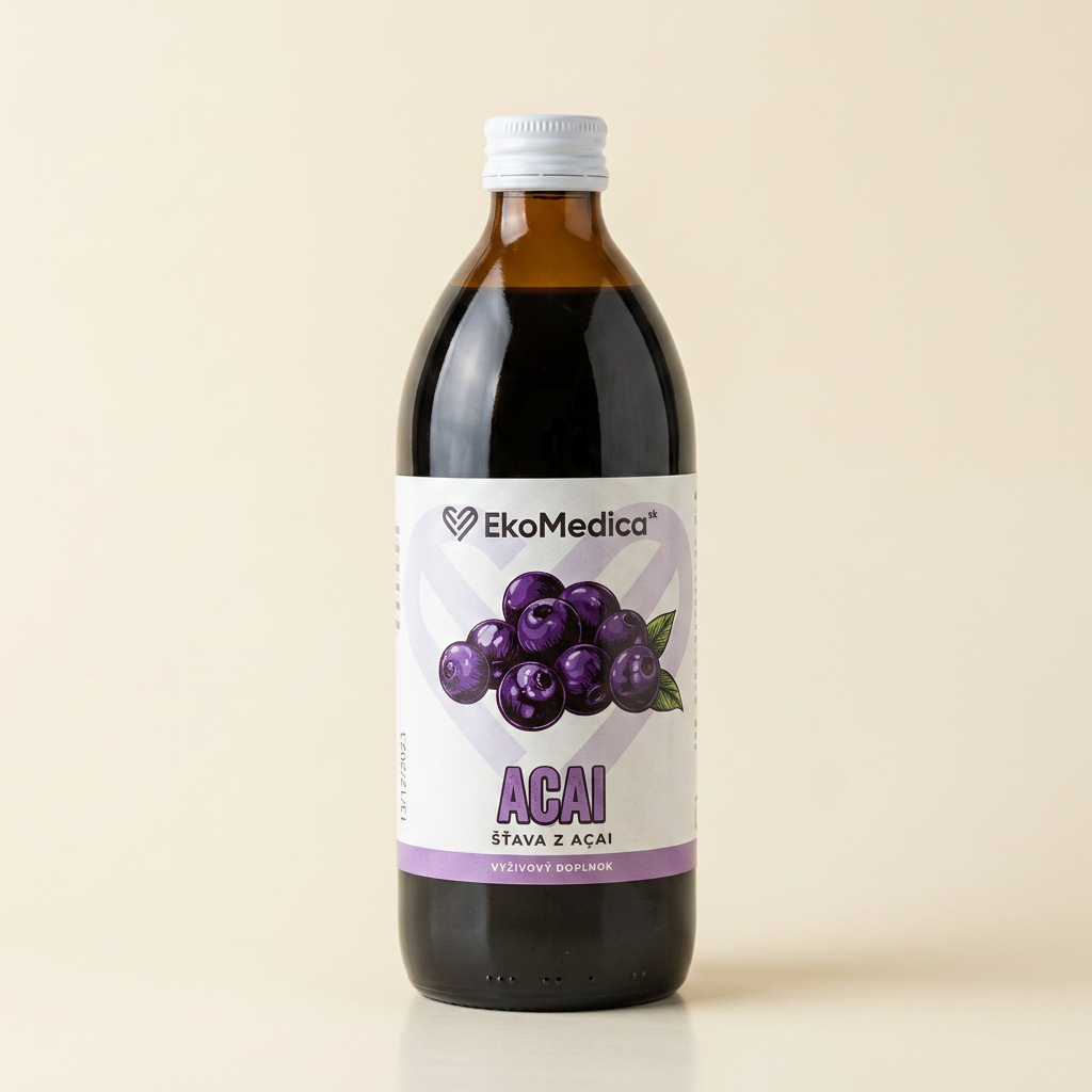 EkoMedica Acai – šťava z acai v hnedej sklenenej fľaši s fialovou etiketou s plodmi acai