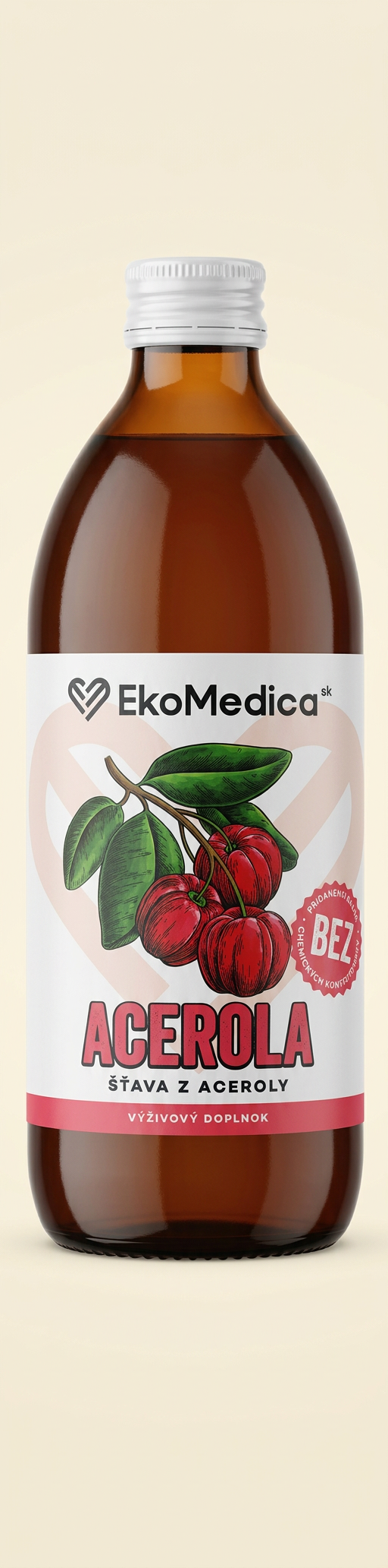 EkoMedica Acerola – 100 % šťava z aceroly v hnedej sklenenej fľaši s červenou etiketou