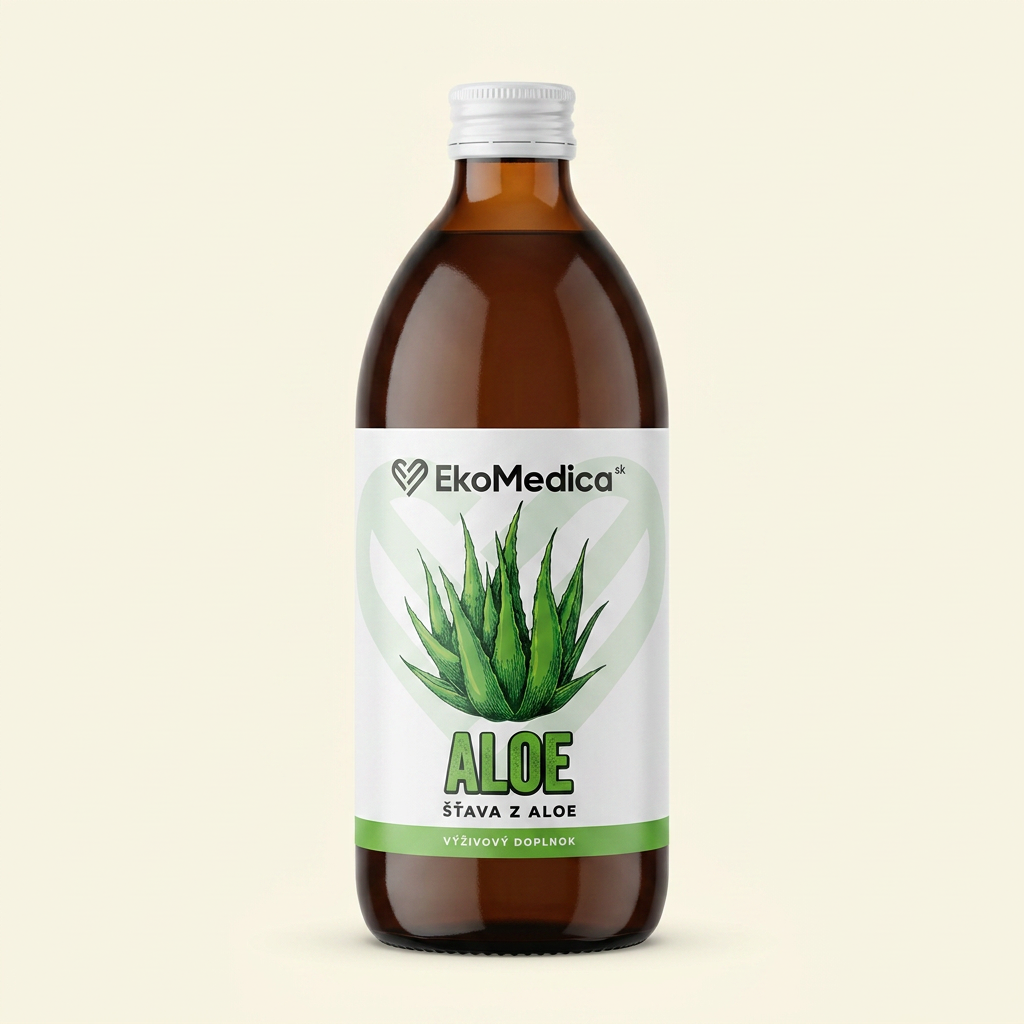 EkoMedica Aloe – šťava z aloe v hnedej sklenenej fľaši so zelenou etiketou