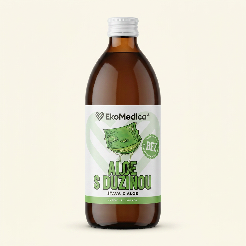 EkoMedica Aloe s dužinou – šťava z aloe s kúskami dužiny v hnedej sklenenej fľaši