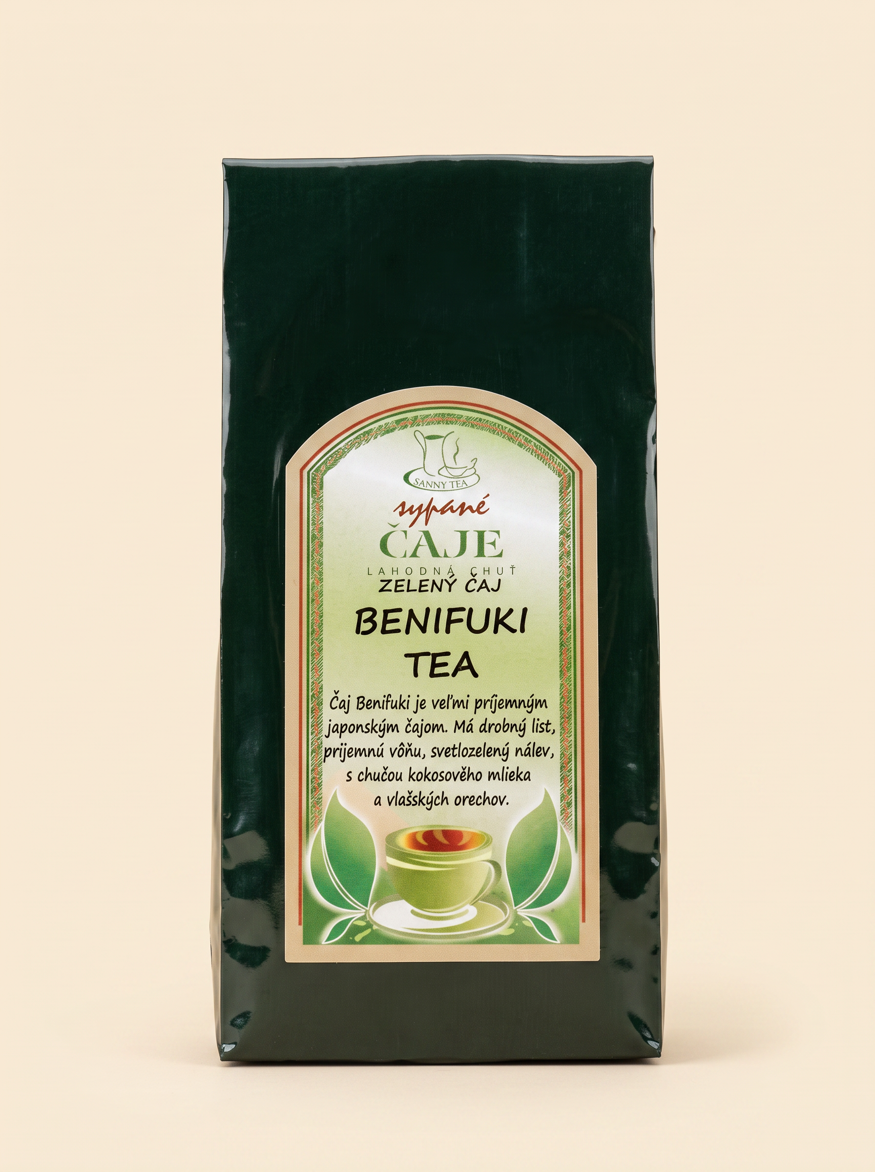 Sypaný zelený čaj Benifuki Tea od Sanny Tea – tmavozelené balenie s etiketou