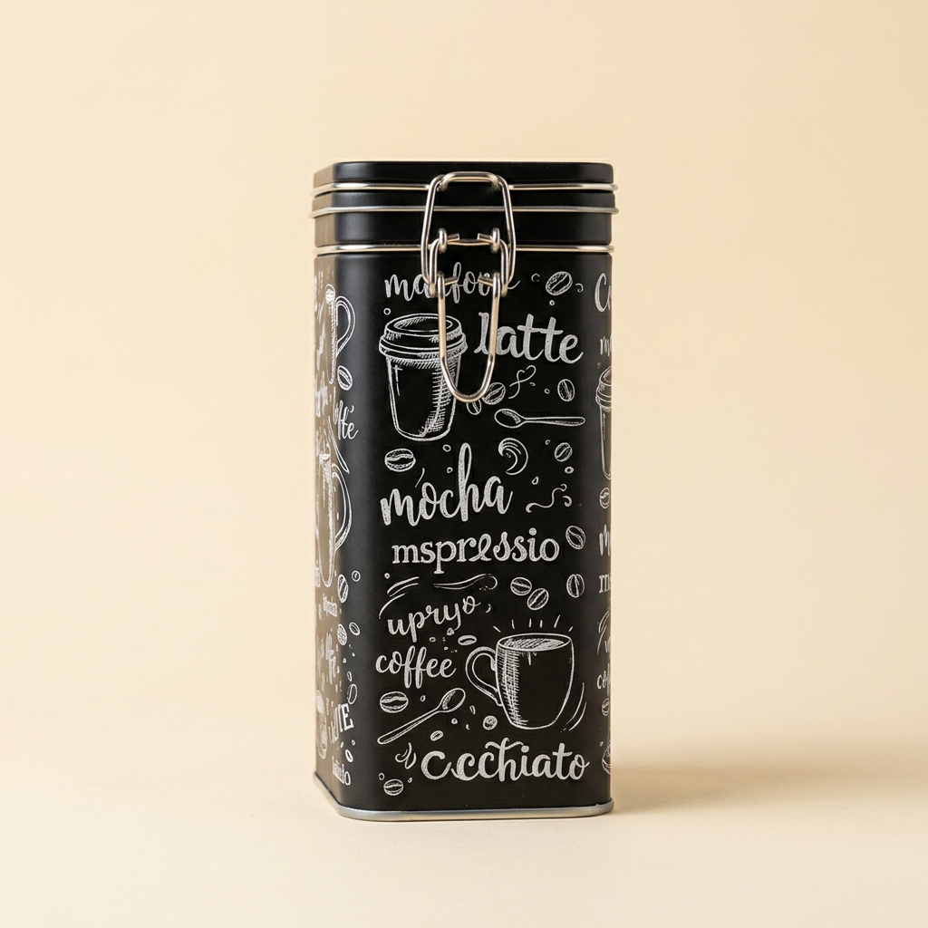 Vysoká čierna kávová dóza s bielymi nápismi latte a mocha