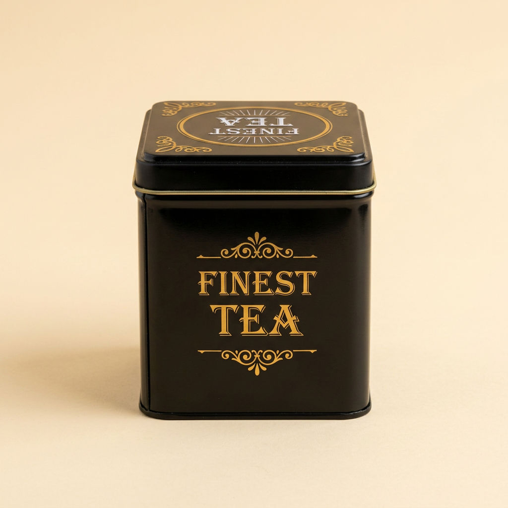 Čierna plechová čajová dóza so zlatým nápisom Finest Tea