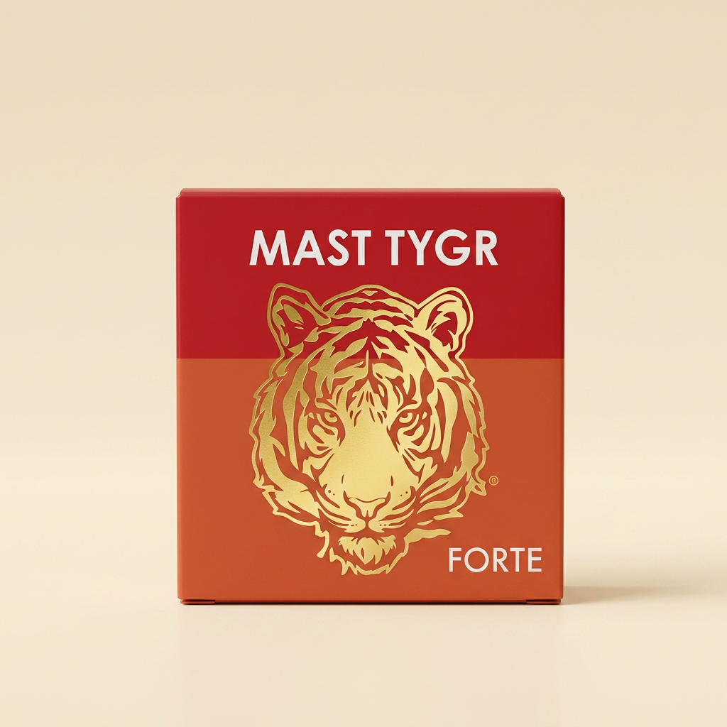 Mast Tygr Forte – červená krabička so zlatou hlavou tigra