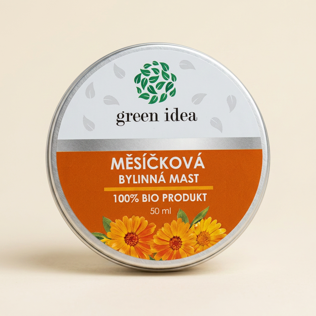 green idea Měsíčková bylinná mast 50 ml – hliníková dóza s oranžovým štítkom a kvetmi nechtíka