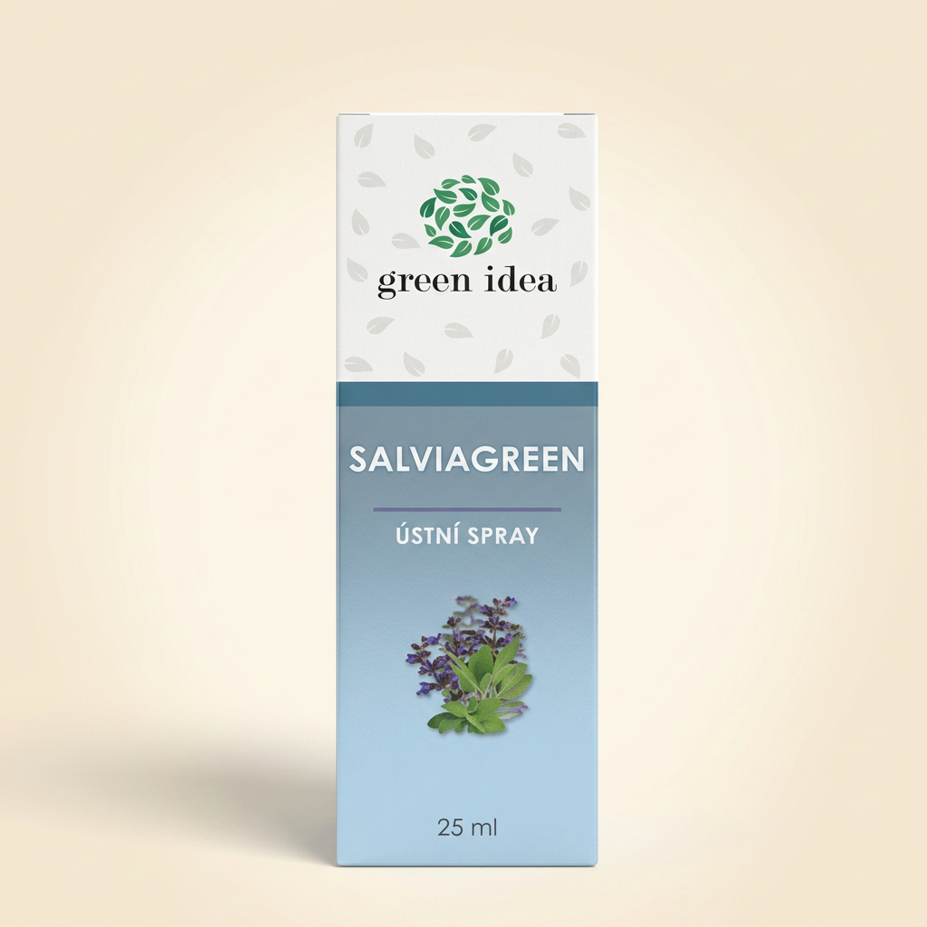 green idea Salviagreen ústny sprej 25 ml – bielo-modrá krabička so šalviou