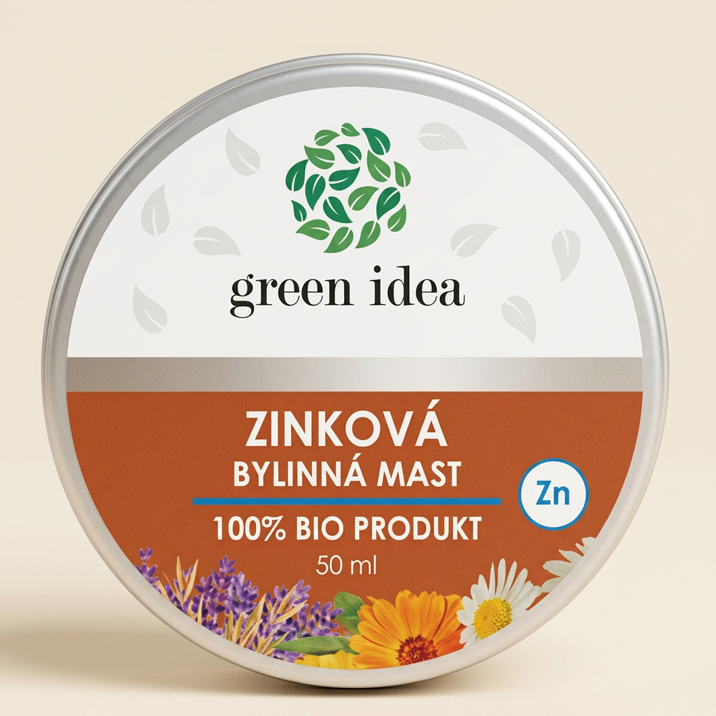 green idea Zinková bylinná mast 50 ml – hliníková dóza s oranžovým štítkom a označením Zn