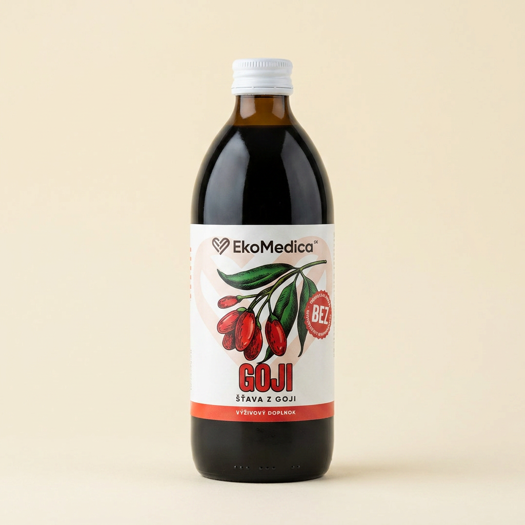 EkoMedica Goji – 100 % šťava z plodov goji v tmavej sklenenej fľaši