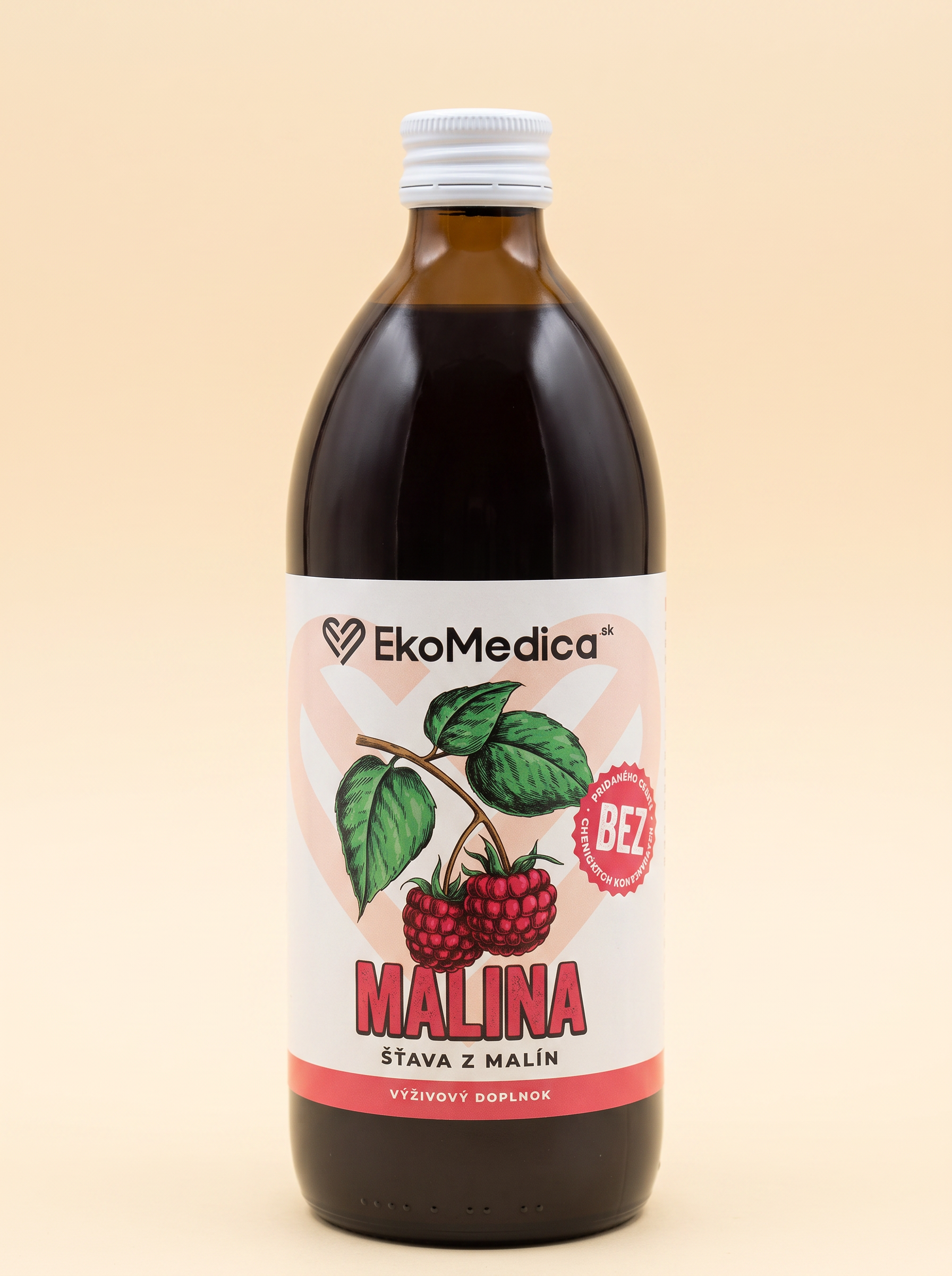 EkoMedica Malina – 100 % šťava z malín v hnedej sklenenej fľaši s červenou etiketou