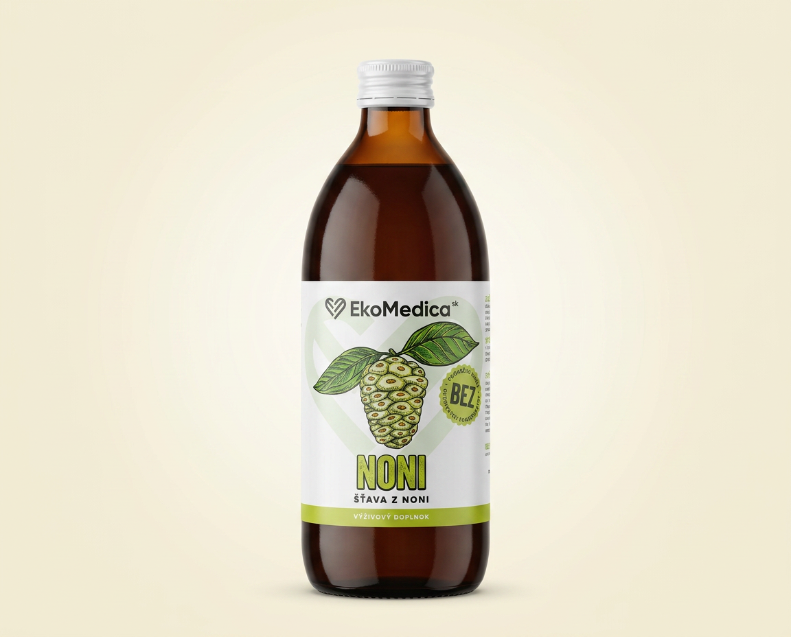 EkoMedica Noni – šťava z plodov noni v hnedej sklenenej fľaši