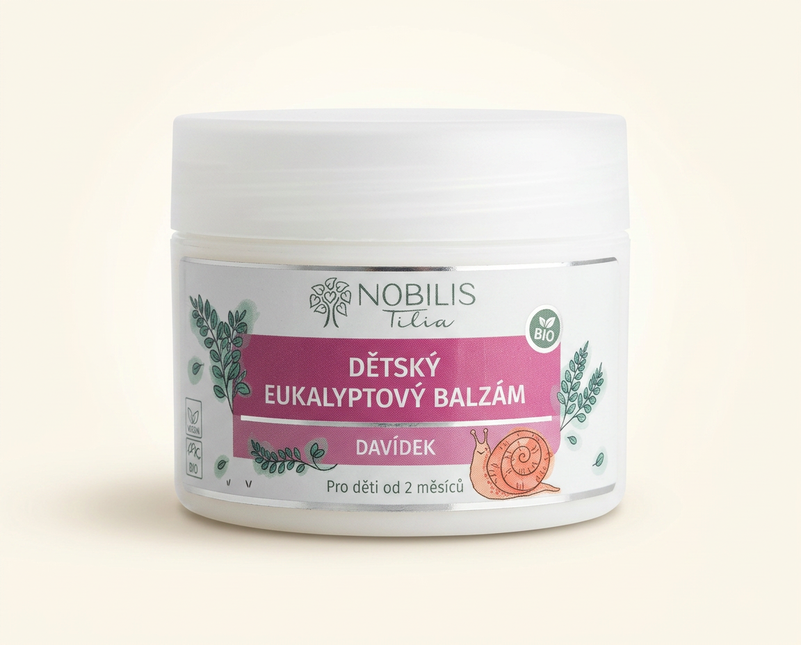 Nobilis Tilia Detský eukalyptový balzam Davídek 50 ml – biela dóza s ružovým štítkom a slimáčikom