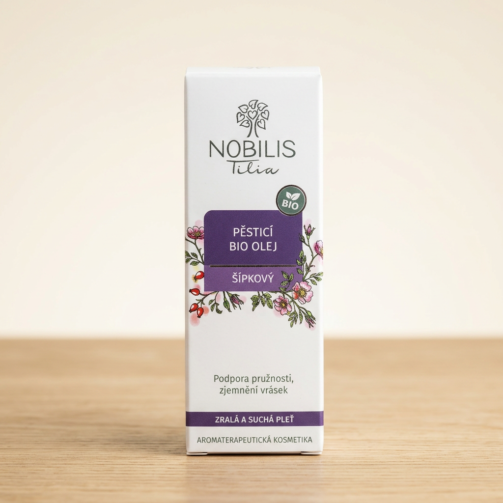 Nobilis Tilia Pěsticí BIO olej šípkový 20 ml – biela krabička s fialovým štítkom a kvetmi šípky