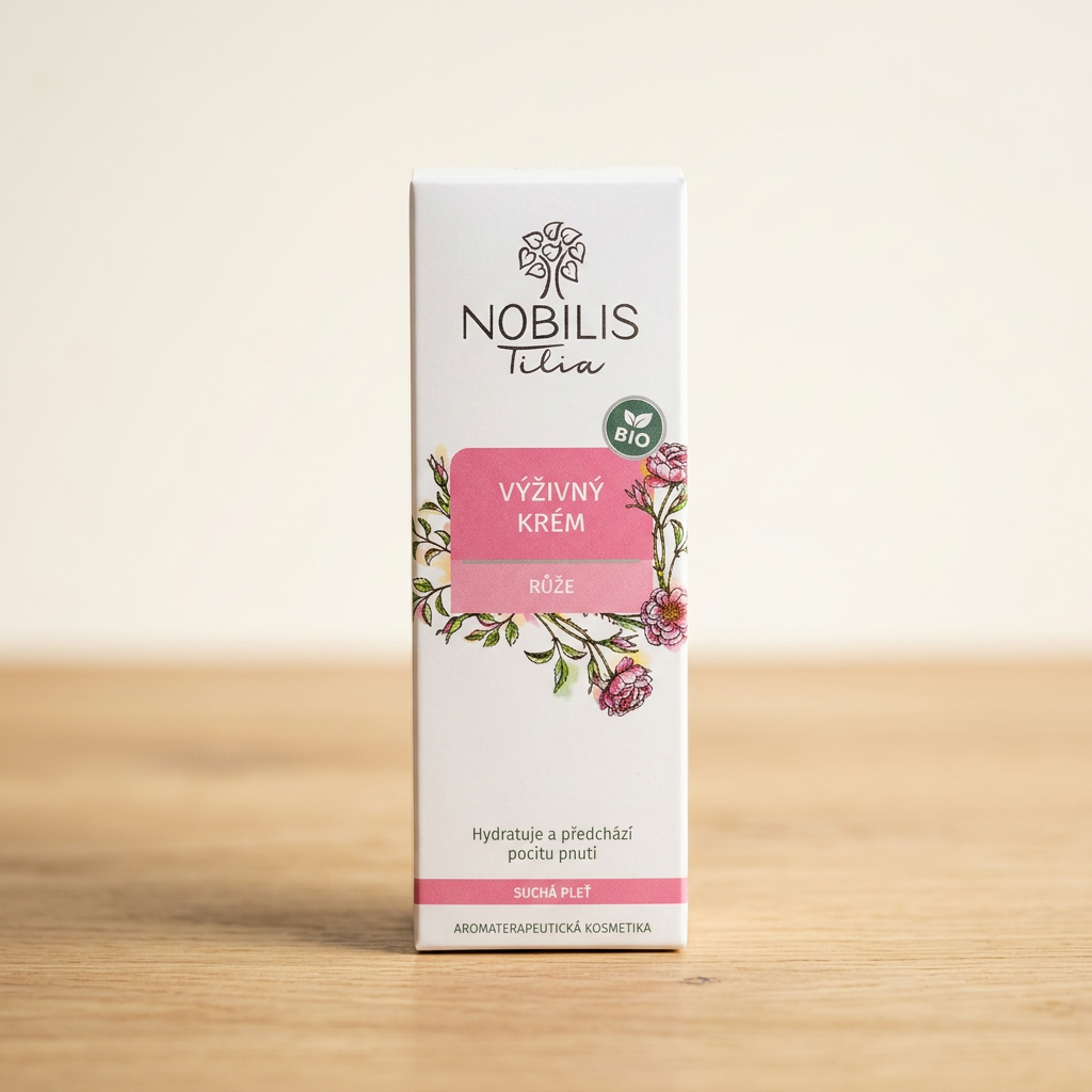 Nobilis Tilia Vyživujúci krém Ruža 50 ml – biela krabička s ružovým štítkom a kvetmi ruže