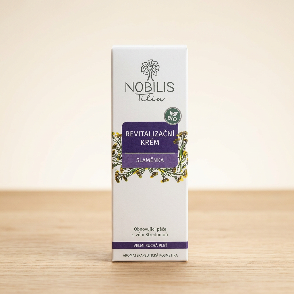 Nobilis Tilia Revitalizačný krém Slamienka 50 ml – biela krabička s fialovým štítkom a kvetmi slamienky
