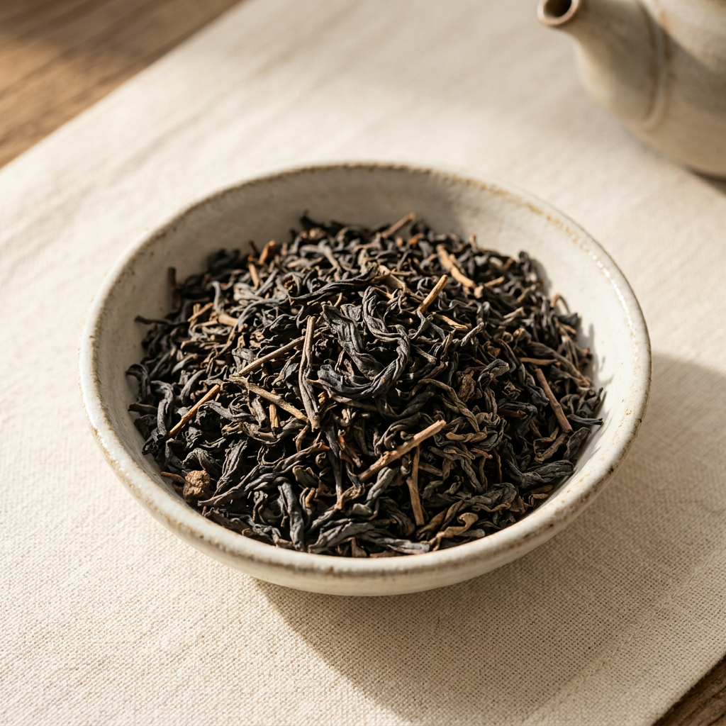 Sypaný fermentovaný čaj Pu-erh – tmavé skrútené lístky v keramickej miske