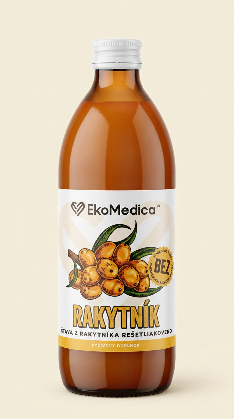 EkoMedica Rakytník – 100 % šťava z rakytníka rešetliakového v hnedej sklenenej fľaši