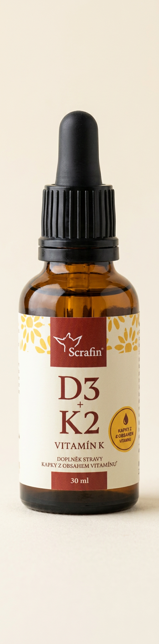 Scrafin D3 + K2 – kapky s vitamínmi D3 a K2, 30 ml v hnedej sklenenej fľaštičke s čiernou kvapkadicou