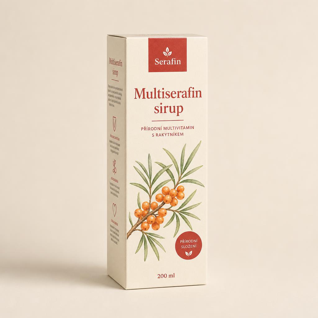 Multiserafin sirup – krabička s ilustráciou rakytníka