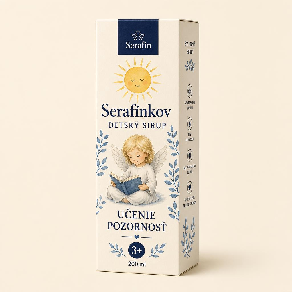 Serafínkov detský sirup Učenie a pozornosť – krabička so slniečkom a čítajúcim anjelikom