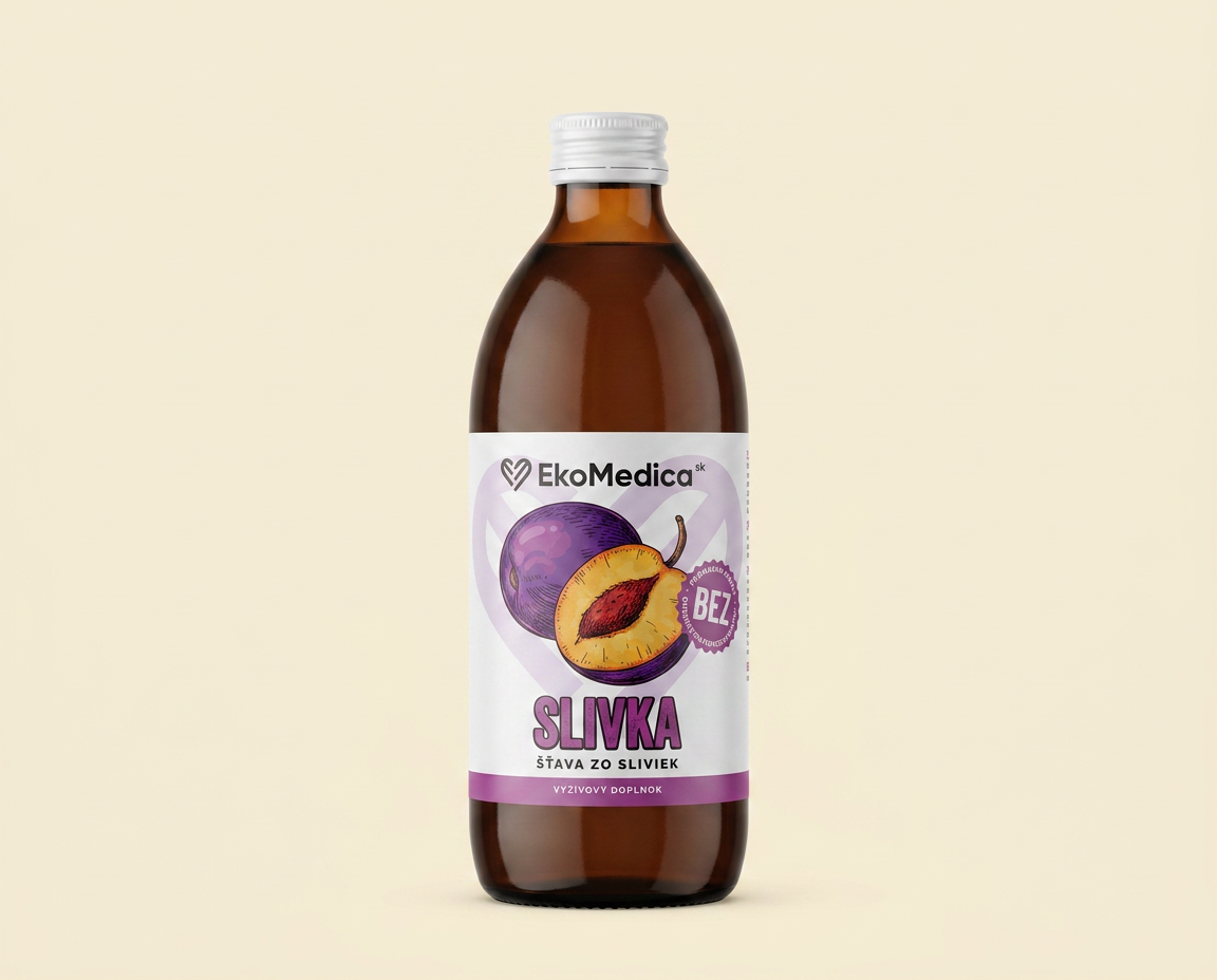 EkoMedica Slivka – šťava zo sliviek v hnedej sklenenej fľaši